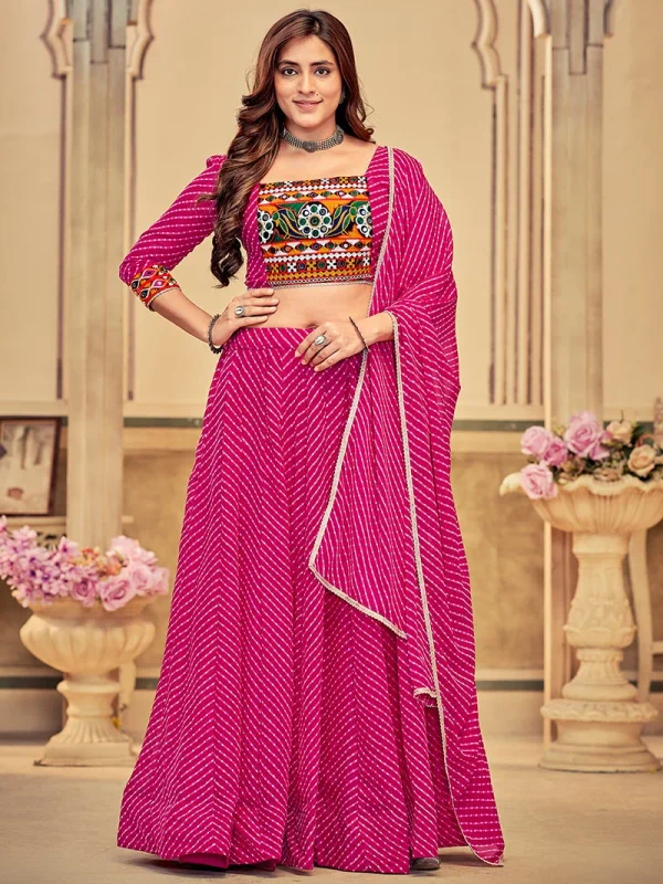 Graceful Pink Lehariya Printed Embroidered Georgette Chaniya Choli Festive Wear